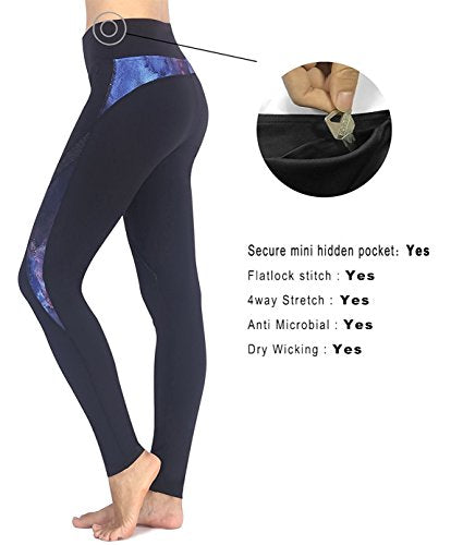 Sugar Pocket Womens Athletic Pants Workout Yoga Leggings Fitness Tights, M, Black/Galaxy Blue