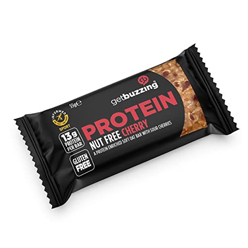Getbuzzing High Protein Nut Free Flapjack - Cherry 55g - Healthy Snack Bars - Gym, Running, Cycling - Pure Protein Made in The UK - Pack of 12 Bars