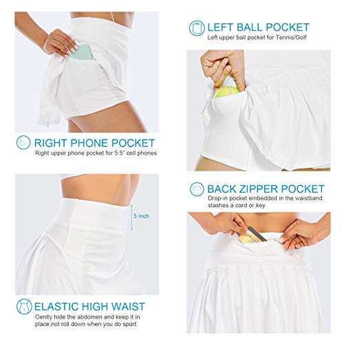 Pleated Tennis Skirts for Women High Waisted Athletic Golf Skorts with Pockets Shorts Running Workout Sports, A-white, Large