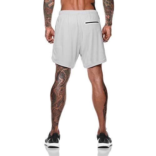 Borlai Men's Quick Dry Fitness Shorts Gym Running Shorts Double-Layer Sports Undershorts Summer Short, Size: M/L/XL/XXL/XXXL Light Grey