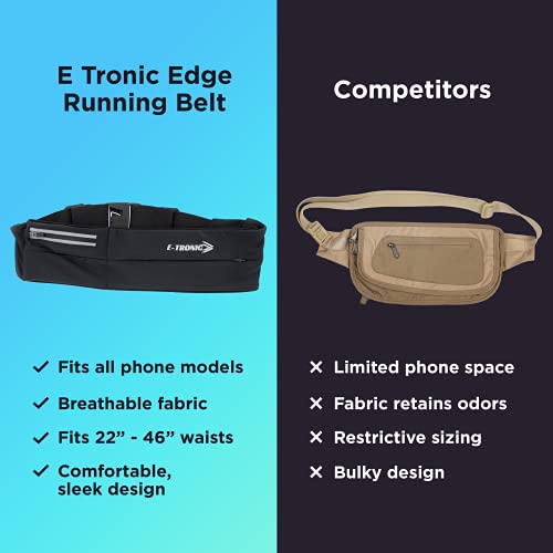 E Tronic Edge Running Belt - Unisex, Phone Holder Waist Belts for Jogging and Cycling w/ Reflectors, 2 Zip Pockets & Headphone Holes – Black - Gym Store