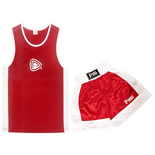 Kids boxing 6 pcs set uniform top & short Boxing gloves Red 1021 Focus Pad Red 1109 Wrap-Rope-key chain Professional accessories kit for sparring sports – 4OZ (1109 Red, 7-8 Year)