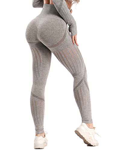 CROSS1946 Women's Seamless High Waisted Gym Leggings Unique Design Power Stretch Yoga Pants Running Workout Leggings, M, A-hollow Out Grey