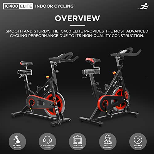 JLL IC400 ELITE Indoor Bike, Direct Belt Driven Exercise Bike For Home, 20kg Flywheel, Friction Resistance, Monitor, Heart Rate Sensors, Adjustable Seat, 12 Months Domestic Warranty, Black and Red