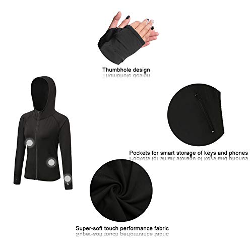 AMZSPORT Women's Running Jacket Long Sleeve Sports Hoodie with Zip Side Pocket Black L