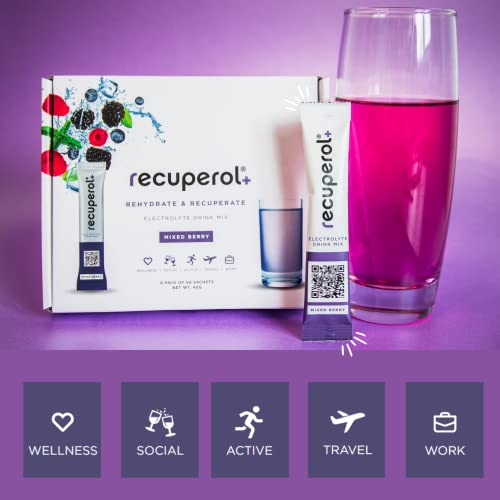 Recuperol Rehydration & Recovery Electrolytes Powder Drink Mix, 8 Pack, High Electrolyte Content, Vegan - Natural Mixed Berry Flavour - Zinc, Vitamin C, B12, D3, Potassium