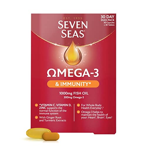 Seven Seas Omega-3 Fish Oil Immunity, 1000 mg Fish Oil + 300 mg Omega-3, 60 High Strength Tablets, 260 mg EPA & DHA & Vitamin D, With Vitamin C & Zinc, Duo Pack: 30 Capsules + 30 Tablets
