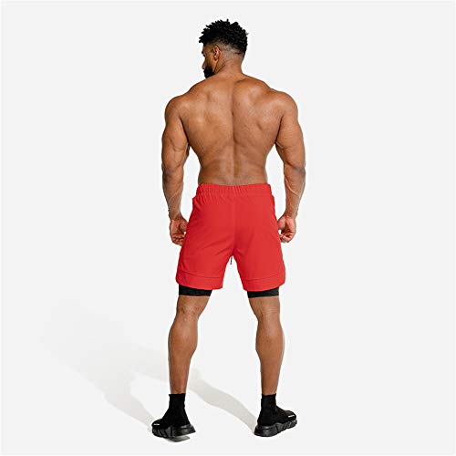 Fansu Men's Sport Shorts 2 in 1 Gym Shorts, Summer Tight Liner Double Layer with Pockets Quick Dry Breathable Jogging Bodybuilding Training Exercise Running Pants (red,L)