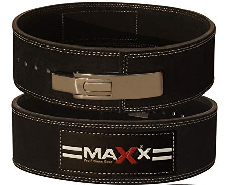 Maxx Leather Weight Lifting Belt Bodybuilding Gym Powerlifting Gym Metal Lever (Black, M (32''-36''))