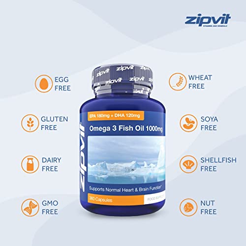 Omega 3 Fish Oil 1000mg, 360 Softgel Capsules. 12 Months Supply. EPA 180mg DHA 120mg. Supports Heart, Brain Function and Eye Health.