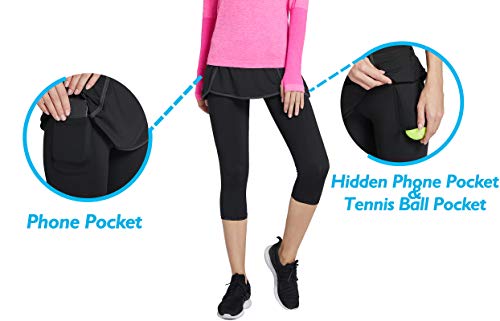 Westkun Women's Leggings with Skirt Sports Running Golf Tennis Capris Trousers Workout 3/4 Skirted Yoga Pants with Ball Pockets 2 in 1(Black,L)