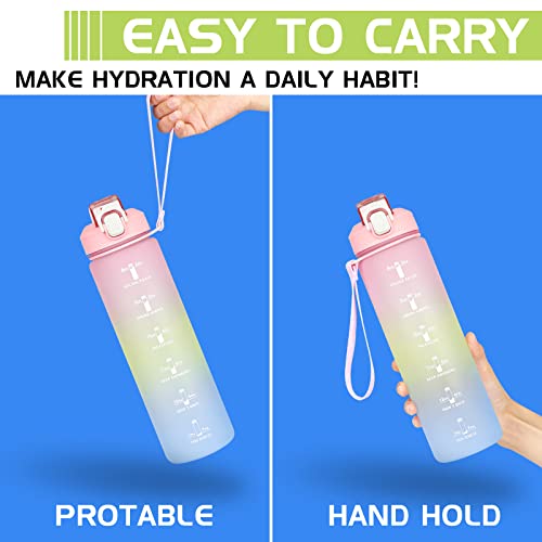 CodiCile Motivational water bottle,1L Sports Water Bottle with Straw and Time Markings,Leakproof Time Water Bottle with BPA Free Lid for Sports Gym Office Camping Running(1000ml, Gradient Pink)…