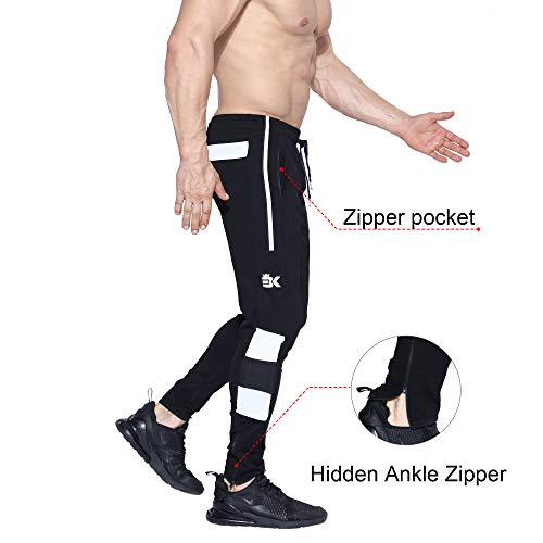BROKIG Mens Sports Trousers Gym Joggers Tracksuit Bottom Slim Fit Jogging Pants Leg Zip (Medium, Black)
