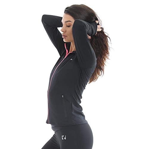 RIPT Performance Ladies Workout Training Top Zip Up Quick Dry Thumb Hole Long Sleeve Gym Jacket, Black/Pink, Small