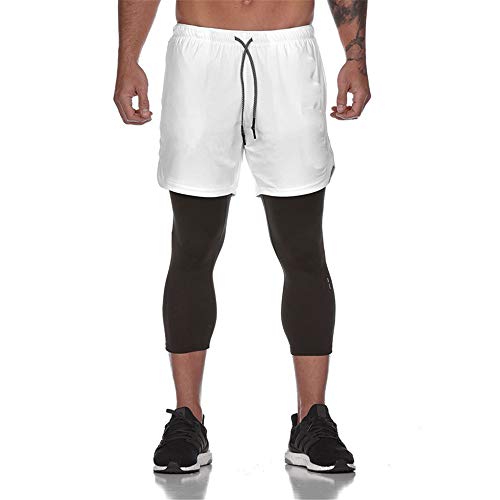 Fansu Men's Sport Shorts with Built-in Pocket, Tight Long Liner 2 in 1 Summer Quick Dry Breathable Lightweight Shorts Jogging Cycling Training Running Gym Pants (M,White)