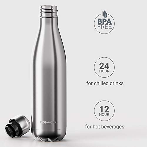 Proworks Performance Stainless Steel Sports Water Bottle | Double Insulated Vacuum Flask for 12 Hours Hot & 24 Hours Cold Drinks - For Home, Work, Gym & Travel - 1.5 Litre - BPA Free – Silver