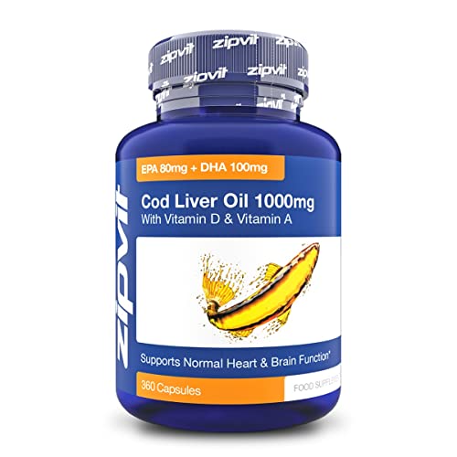 Cod Liver Oil 1000mg, 360 Capsules of High Strength Fish Oil, Rich in Omega 3. Supports Heart Health, Brain Health, Eye Health and Normal Blood Pressure