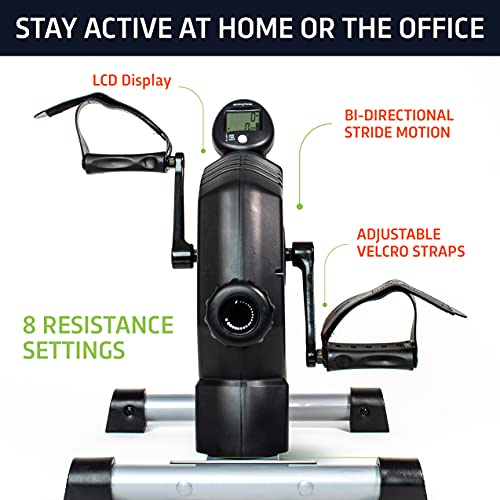 MagneTrainer Pedal Exerciser - Mini Arm & Leg Under Desk Bike – Stationary Bidirectional Bikes for Low Impact Exercise and Physio w/ Wide Base and Adjustable Straps - Black