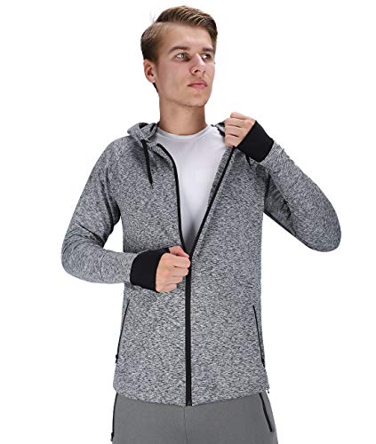 DISHANG Men's Running Jacket Full Zip Thumb Hole Hoodie Outdoor Active Training Athletic-fit Gym Workout Exercise Top Sweatshirts Gray, XS