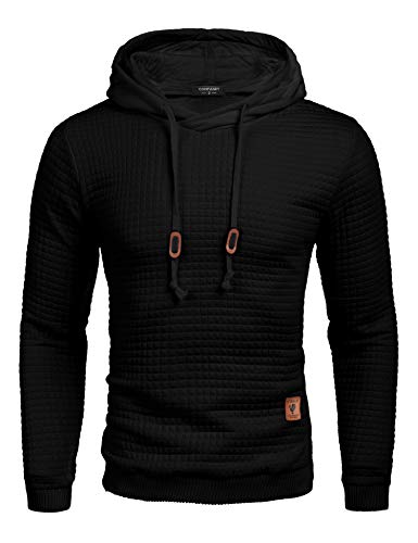 COOFANDY Men's Sweatshirt Hipster Gym Long Sleeve Drawstring Hooded Plaid Jacquard Pullover Hoodies Black
