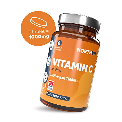 Northumbria Health Vitamin C 1000mg Tablets, High Strength Ascorbic Acid, Antioxidant Immune System Booster, Vegan Food Supplements, Made in The UK, 180 Tablet Count