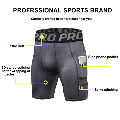 YUSHOW Compression Shorts Mens 3 Pack Sports Anti-Chafing Underwear Base Layer Shorts Quick Dry Running Shorts with Phone Pockets Cycling Tights for Workout Athletic Rugby Short Protect Leg Skin