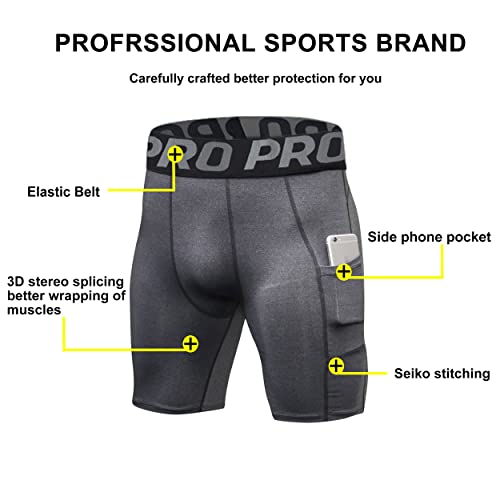 YUSHOW Compression Shorts Mens 3 Pack Sports Anti-Chafing Underwear Base Layer Shorts Quick Dry Running Shorts with Phone Pockets Cycling Tights for Workout Athletic Rugby Short Protect Leg Skin - Gym Store
