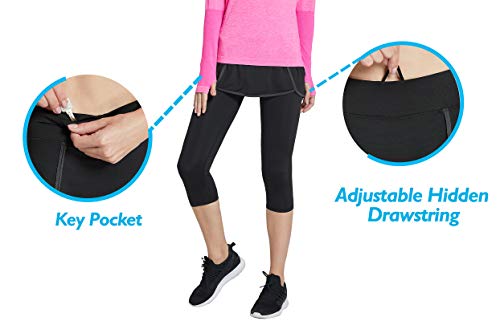 Westkun Women's Leggings with Skirt Sports Running Golf Tennis Capris Trousers Workout 3/4 Skirted Yoga Pants with Ball Pockets 2 in 1(Black,L)