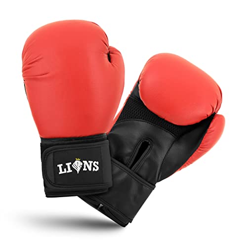 Lions Kids Curved Focus Pads and Gloves Set Hook and Jabs Junior Punch Bag Mitts Boxing MMA Kick Training (Red Stone, 10oz)