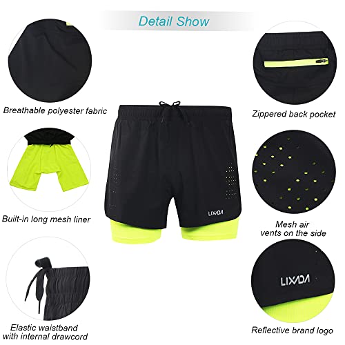 Lixada Mens 2-in-1 Running Shorts Quick Drying Breathable Active Training Exercise Jogging Cycling Shorts with Longer Liner (Black, M)