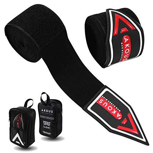 Boxing Hand Wraps Inner Gloves For Sports, MMA and Martial Arts, 4.5 Meter Elasticated Bandages Rubberized Grip For Mens With FREE Carry Case (Black)
