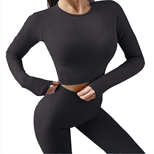 Mayround Seamless Women Yoga sets 2 Pieces Ribbed | 2 Kinds of Sports Tops (Sports Bra or Long Sleeve Top) and High Waist Leggings Gym Clothes Set | Women’s Sportswear Set (A-Long Sleeve-Black, XS)