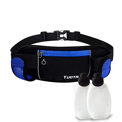 YUOTA Running Belt Waist Pack w/t 2 Water Bottles and Holders, Waterproof Sport Bum Bag Cycling Waist Bag for Man and Woman Fitness, Elastic Strap and Headphone Hole for Camping Climbing Hiking