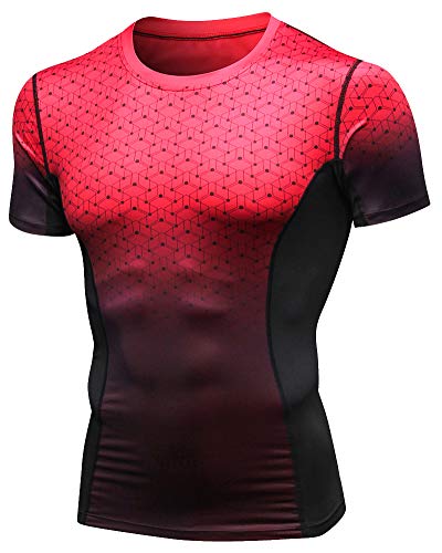 Shengwan Running Tops Men’s Base Layer Compression Shirt Short Sleeve Cool Dry Sport T-Shirt, Gym Fitness Workout Top Red XL