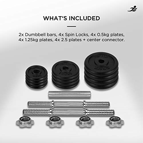 JLL 20kg Cast Iron Dumbbell & Barbell Set 2021, 4x 0.5kg, 4x 1.25kg and 4x 2.5kg weight plates, 4x spin-lock collars, steel connecting bar, hammer tone look, resilient and long lasting training equipment