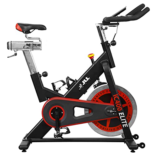 JLL IC400 ELITE Indoor Bike, Direct Belt Driven Exercise Bike For Home, 20kg Flywheel, Friction Resistance, Monitor, Heart Rate Sensors, Adjustable Seat, 12 Months Domestic Warranty, Black and Red