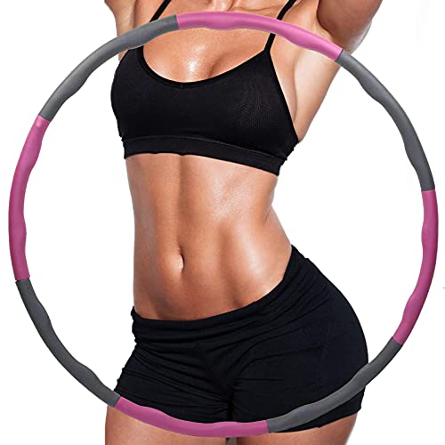 Folding Weighted Hula Hoops for Adults and Children, Fitness Massage Hula Ring, 8-section Soft Padding, Detachable Adjustable Slimming Circle,Weight Loss by Fun (Pink & Grey)