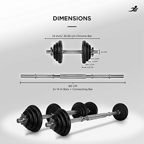 JLL 20kg Cast Iron Dumbbell & Barbell Set 2021, 4x 0.5kg, 4x 1.25kg and 4x 2.5kg weight plates, 4x spin-lock collars, steel connecting bar, hammer tone look, resilient and long lasting training equipment