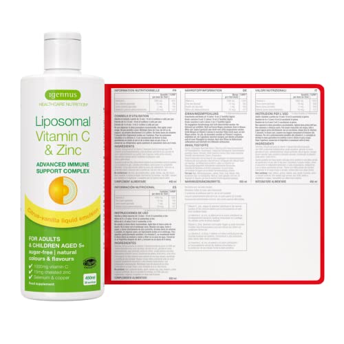 Liposomal Vitamin C 1000mg & Zinc - Liquid Immune Support, with Copper & Selenium, Adults & Kids, 30-90 Servings, by Igennus