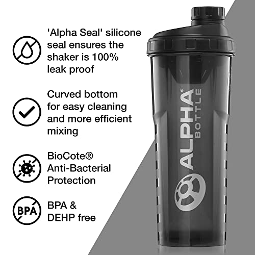 Alpha Designs - Alpha Bottle V2 Protein Shaker - Gym Shaker Bottle 1000ml, Anti-Bacterial BPA & DEHP Free 1L Protein Shaker with BioCote Technology - Smoke