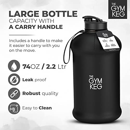 The Gym Keg Official Sports 2L Water Bottle (2.2 L) Insulated Sleeve | Carry Handle | Fitness, Exercise, Large Gym 2 litre Water Bottle | Ecofriendly, BPA Free, 40% Thicker Plastic (Stealth Black)