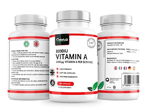 Vitamin A 8000 IU for Healthy Immune System, Healthy Skin and Normal Vision |180 High Strength Softgel Capsules | 2400 μg Per Serving | Made in The UK by Omnia NUTRIENTS