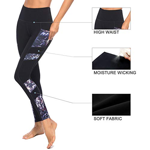JOYSPELS Women's High Waisted Gym Leggings - Workout Running Sports Black Printed Leggings Yoga Pants Womens with Pockets - Black - L