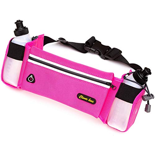 Clever Bees Elastic Running Belt Water Bottle Holder and Armband Smartphone Holder Pouch for Hydration during Sports, Hiking, Cross, Walking, Trail, Supplied with 2 Bottles, Pink