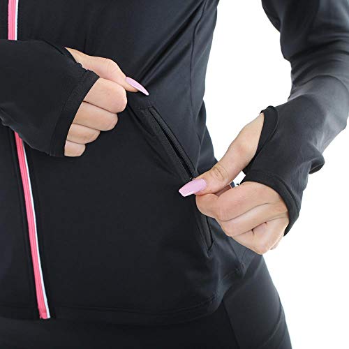 RIPT Performance Ladies Workout Training Top Zip Up Quick Dry Thumb Hole Long Sleeve Gym Jacket, Black/Pink, Small