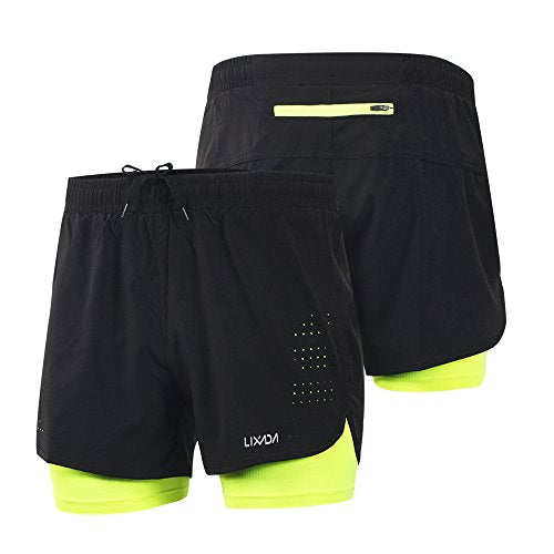 Lixada Mens 2-in-1 Running Shorts Quick Drying Breathable Active Training Exercise Jogging Cycling Shorts with Longer Liner (Green, XL)