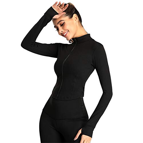 SotRong Women's Full Zip-up Sports Jacket Slim Fit Workout Running Gym Yoga Crop Top Long Sleeve with Thumb Holes Black S