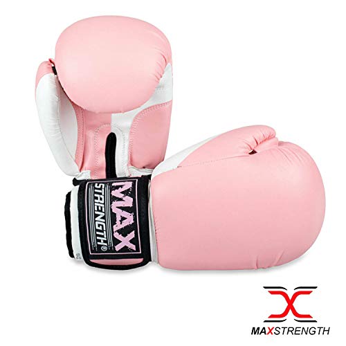 MAXSTRENGTH Muay Thai Rex Leather Pink White 6oz boxing gloves