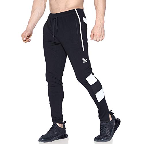 BROKIG Mens Sports Trousers Gym Joggers Tracksuit Bottom Slim Fit Jogging Pants Leg Zip (Medium, Black)