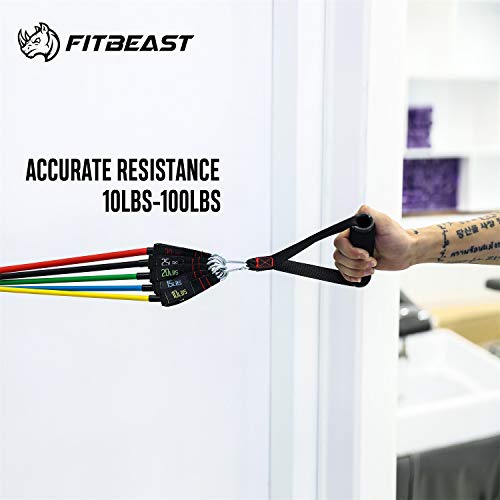 FitBeast Exercise Resistance Bands Set, Up to 100 lbs Fitness Stretch Workout Bands with 5 Fitness Tubes, 4 Foam Handles, Ankle Straps, Door Anchor for Men Women, Home Gym Fitness, Physical Therapy